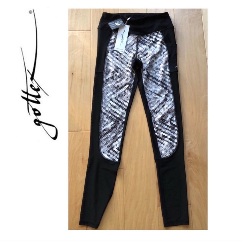NWT Gottex Black Gray Side Leg Mesh Pocket Control Full Length Leggings L